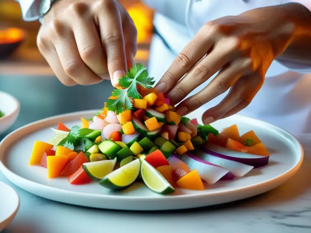 Un chef experto crea una presentación de ceviche con ingredientes autóctonos, mostrando arte y precisión culinaria