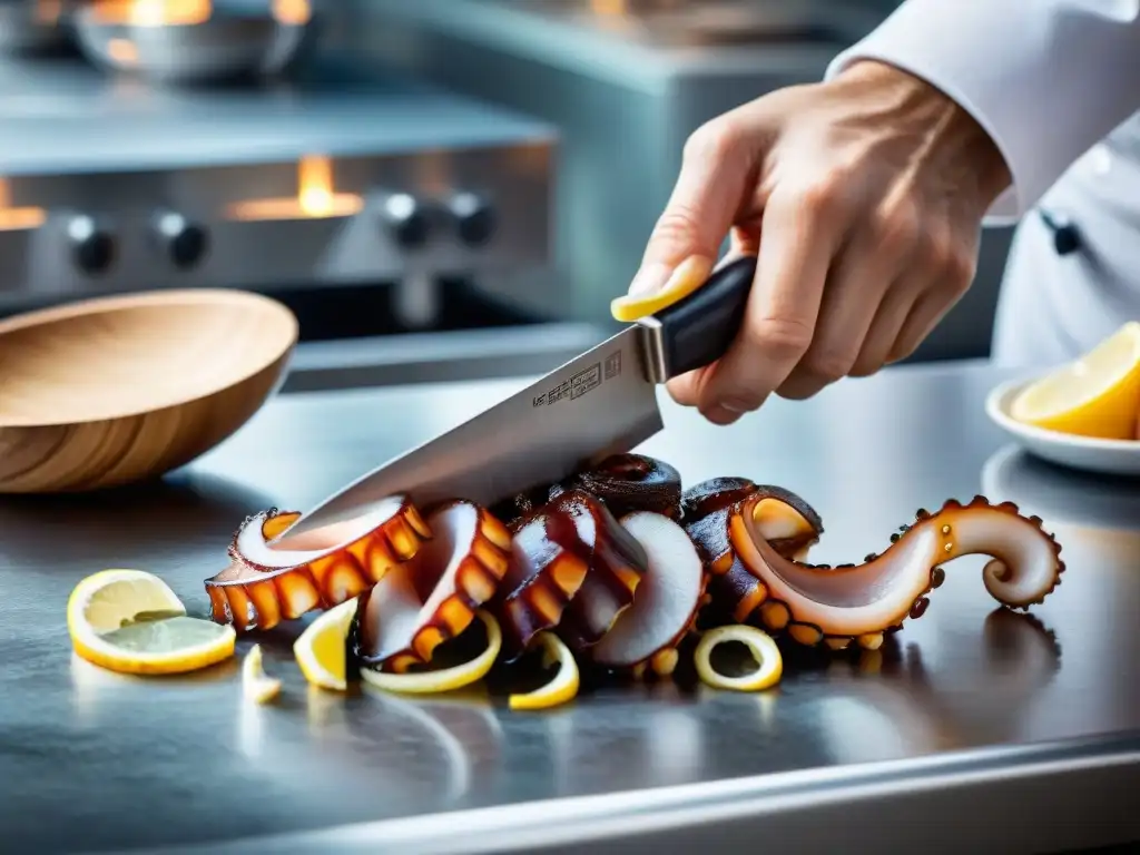 Cocinero experto preparando Pulpo al Olivo con precisión Un chef experto cortando pulpo con precisión en una cocina profesional, mostrando la técnica de la receta fácil de Pulpo al Olivo