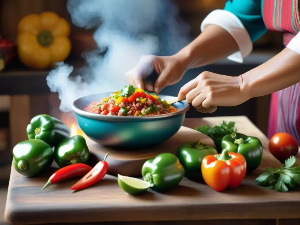 Un chef experto preparando una receta auténtica salsa criolla peruana en una cocina tradicional peruana