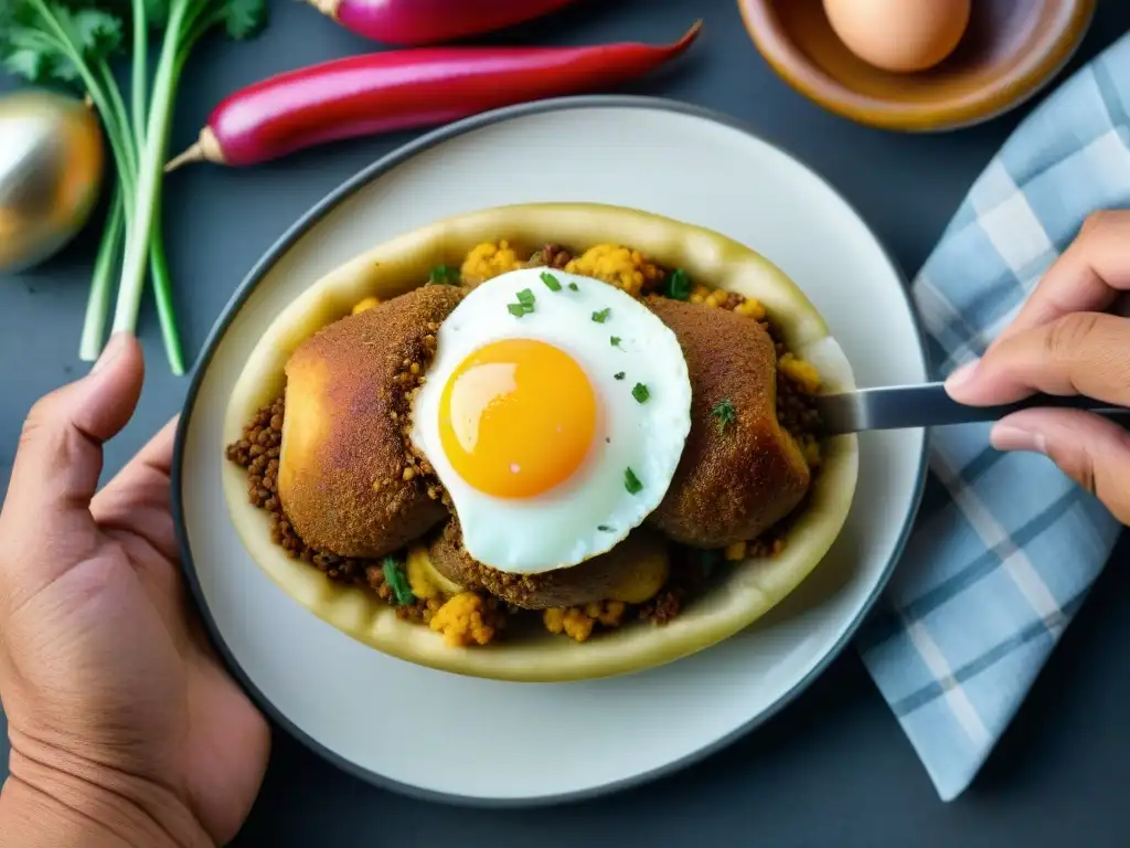 Un chef experto prepara una receta auténtica papa rellena con precisión y arte culinario peruano