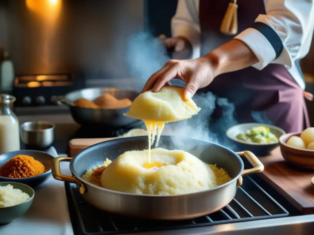 Un chef experto preparando una receta auténtica papa rellena en una cocina tradicional, con utensilios rústicos y ingredientes frescos