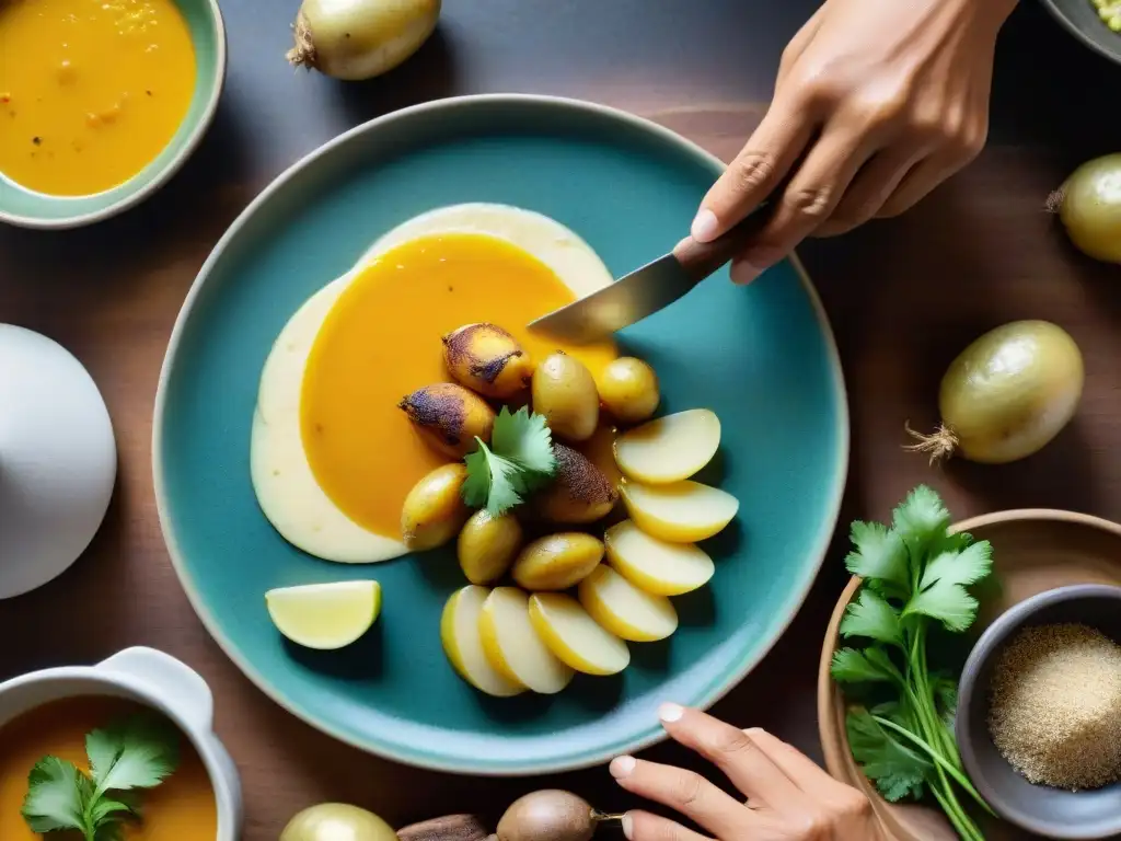 El chef experto prepara una receta auténtica causa limeña con meticulosidad y pasión en una cocina peruana tradicional