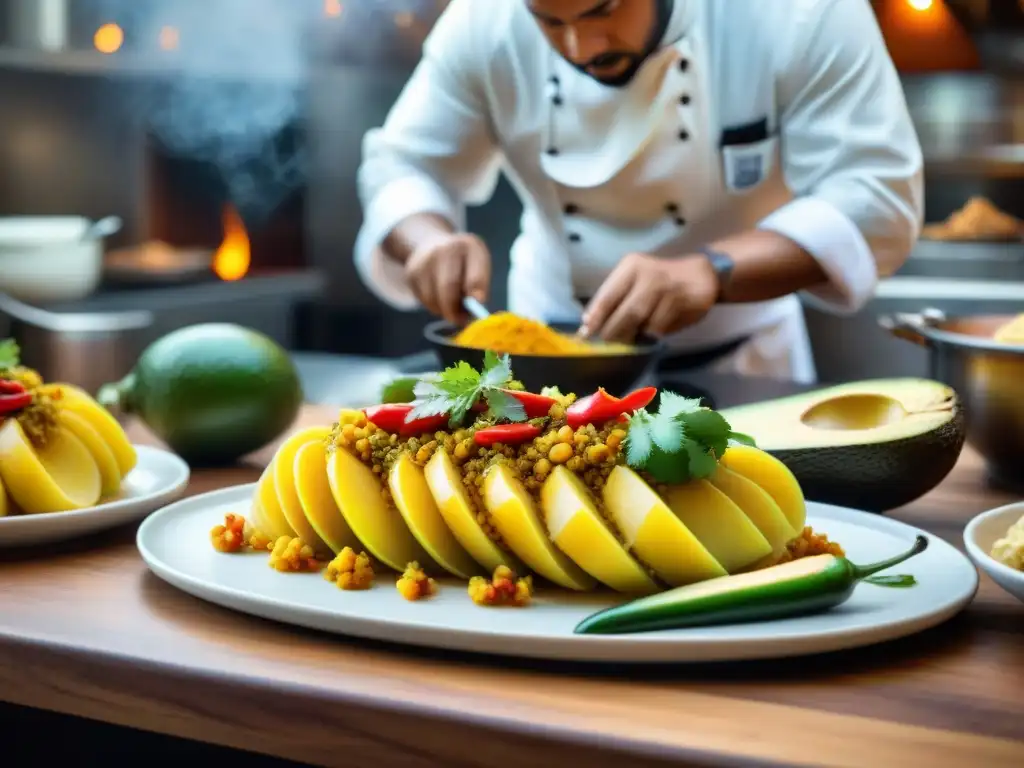 Un chef experto preparando una receta auténtica causa limeña en un bullicioso restaurante peruano en Lima