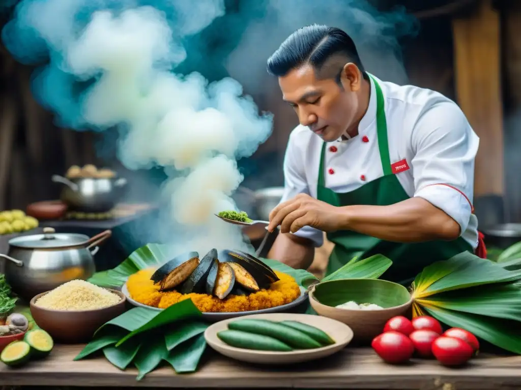 Un chef experto prepara una receta auténtica Juane en una cocina peruana tradicional, rodeado de ingredientes vibrantes de la Amazonía