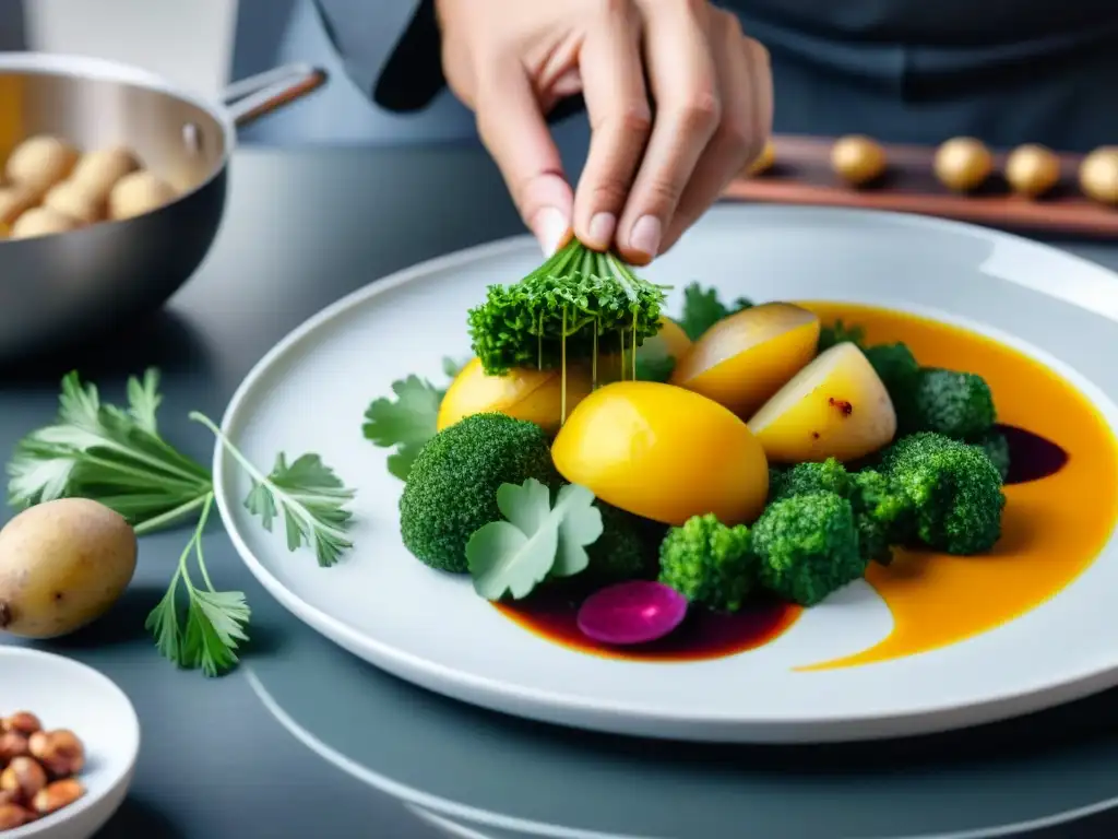 Chef experto preparando una receta de ocopa peruana contemporánea en cocina moderna