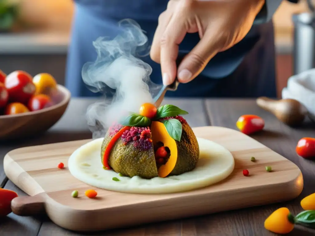 Un chef experto prepara la receta rocoto relleno picante con destreza en una cocina auténtica y bulliciosa