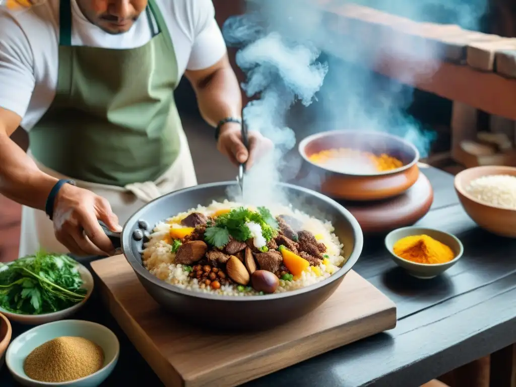 Un chef experto preparando una receta de tacu tacu con arroz, frijoles y aji amarillo en una cocina peruana tradicional