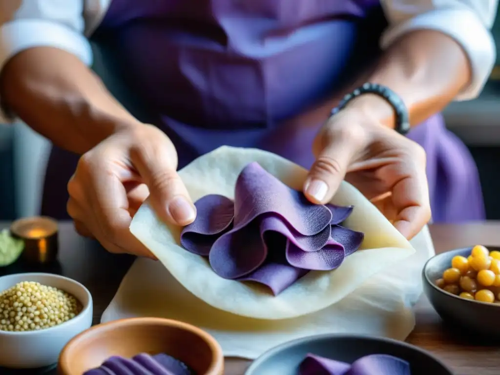 Un chef experto en recetas de pastas peruanas auténticas dobla hábilmente la masa de maíz morado para hacer ravioles