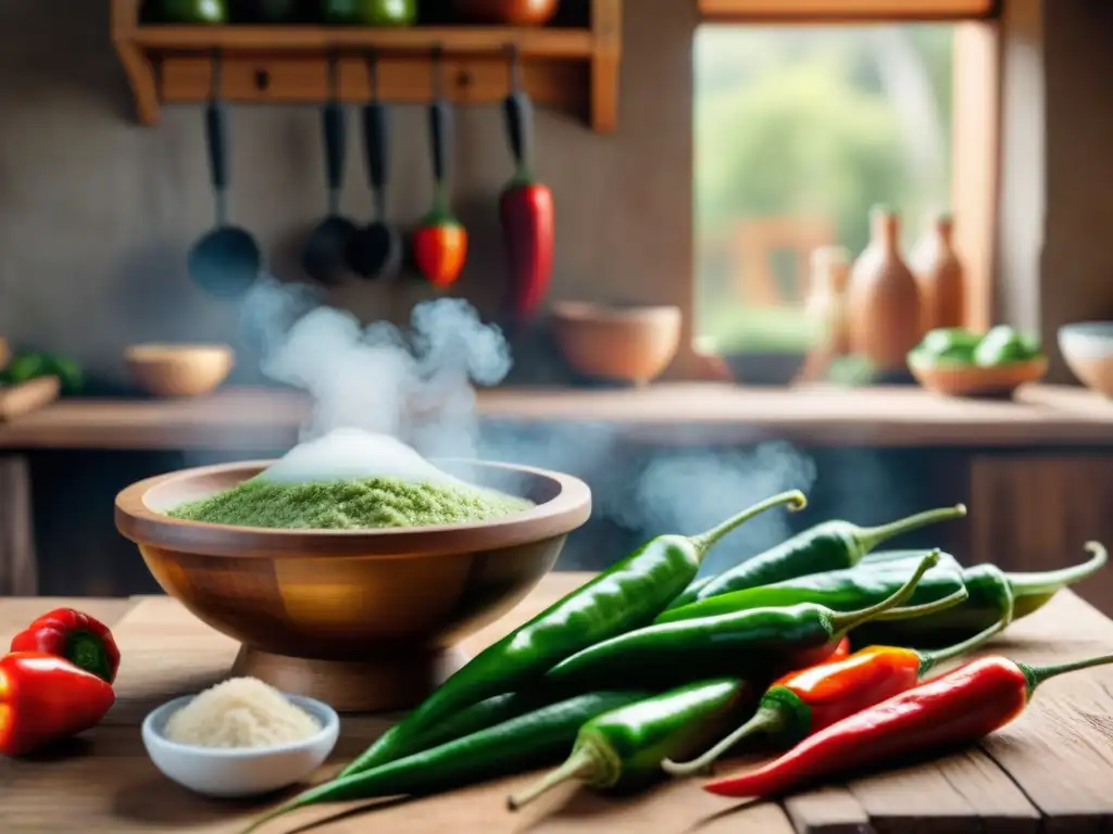 Un chef experto preparando recetas de salsas peruanas auténticas en una cocina tradicional con ingredientes frescos en una mesa de madera rustica