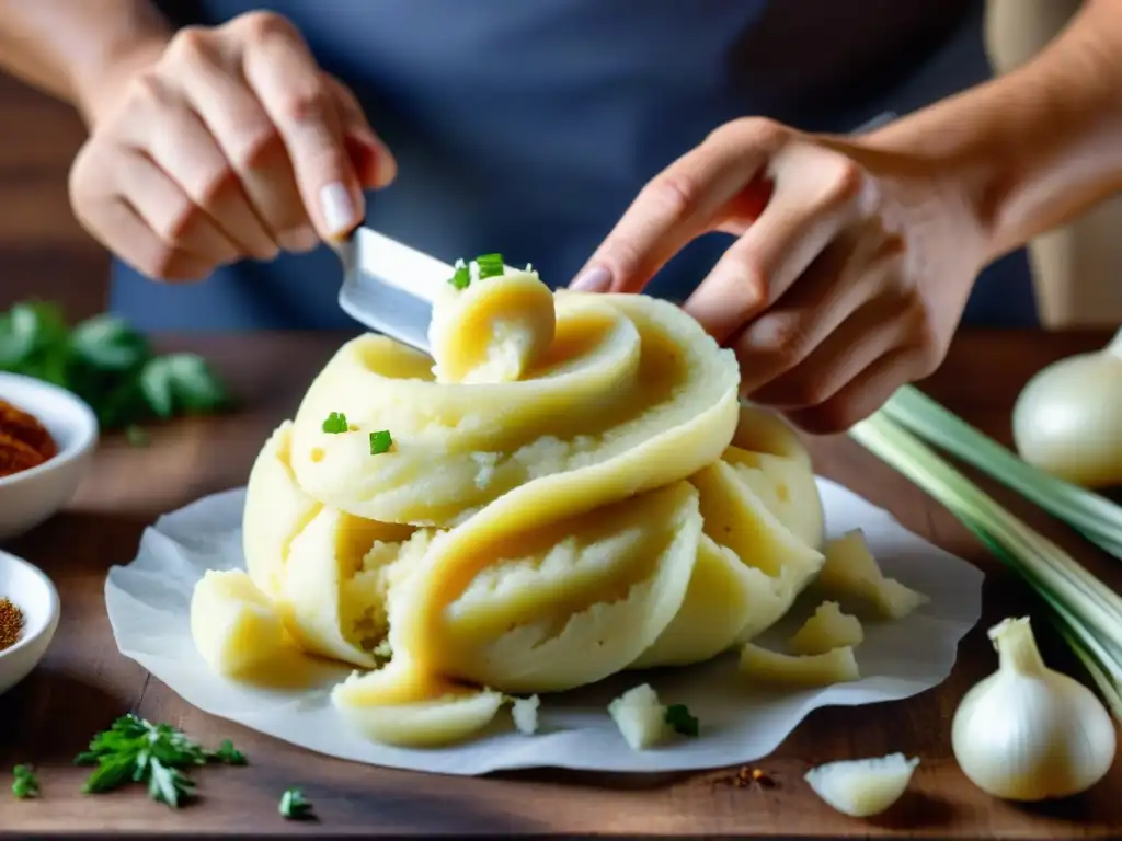 El chef experto moldea una papa rellena con detalle, destacando la auténtica receta