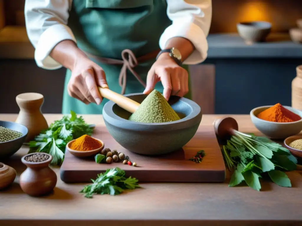 Un chef experto en un restaurante renombrado usa un mortero de piedra andino para moler especias