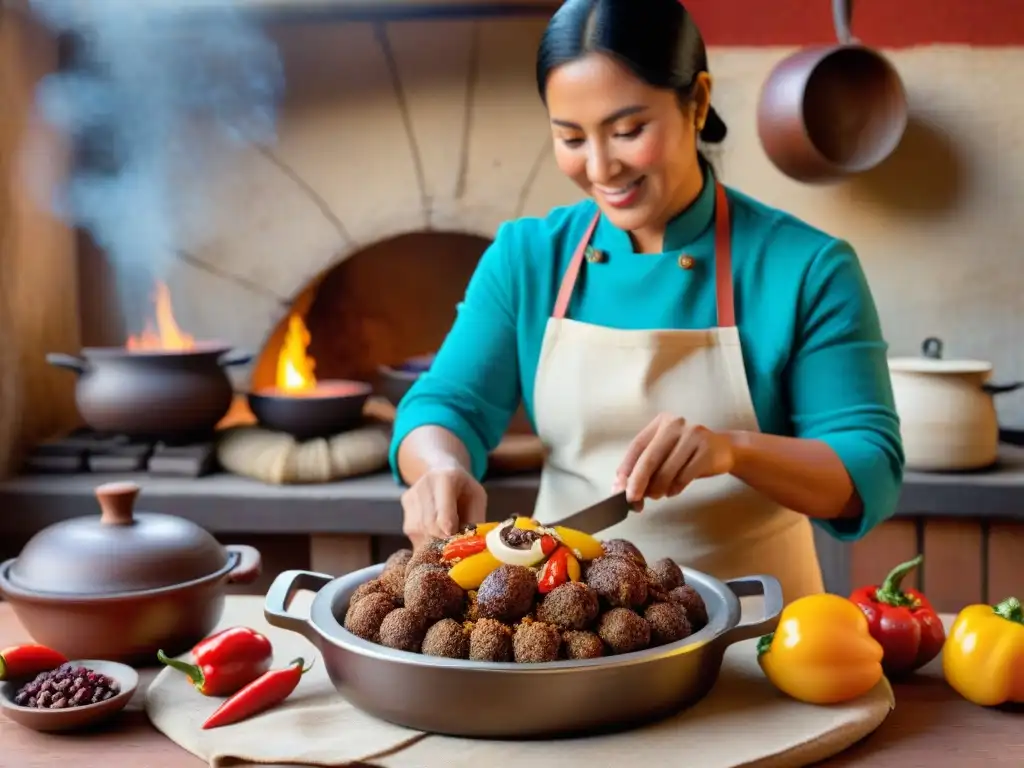 Un chef experto prepara rocoto relleno en una cocina rústica de Arequipa, destacando la tradición peruana culinaria