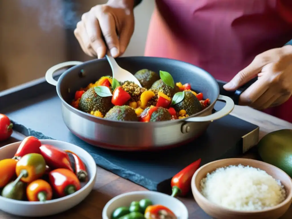 Un chef experto prepara rocoto relleno tradición peruana en una cocina tradicional, mostrando la meticulosidad y pasión culinaria