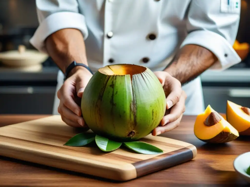 Un chef experto disfruta el sabor de la cocona en cocina al cortarla con precisión, mostrando su vibrante interior