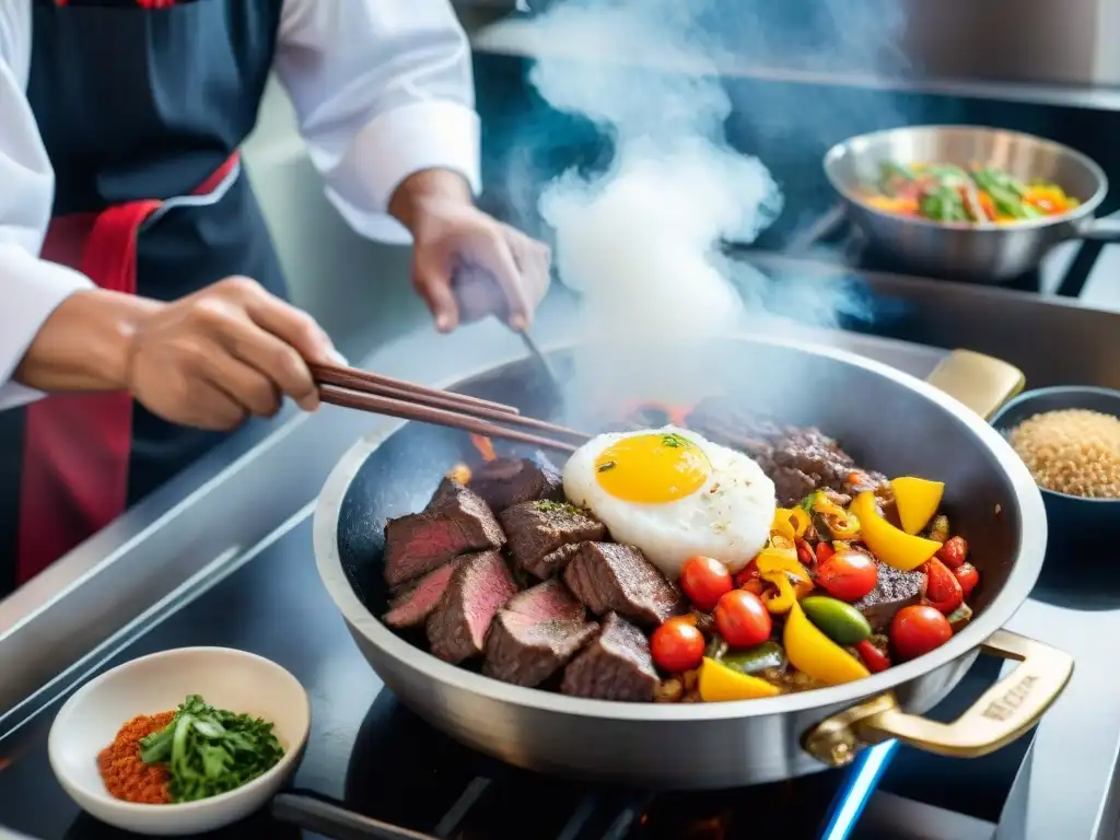 Un chef experto preparando lomo saltado en una cocina peruana tradicional