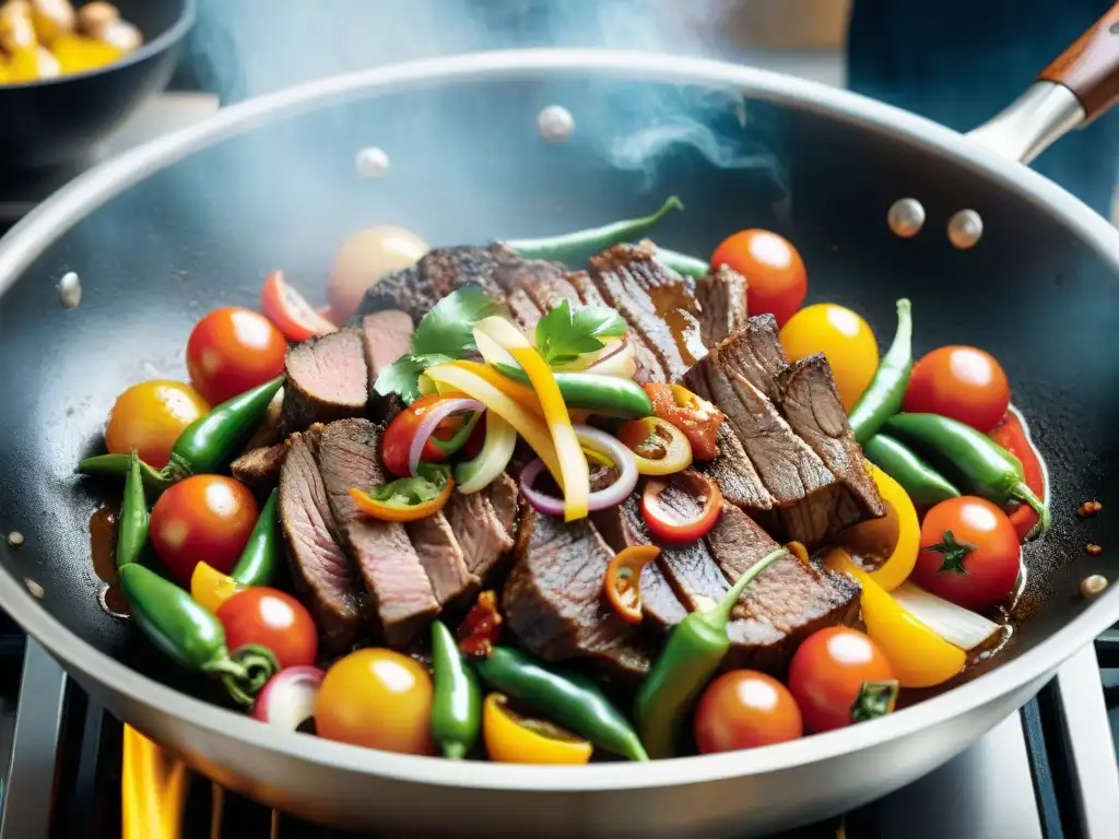 Un chef experto preparando lomo saltado, con ingredientes frescos y sartén humeante