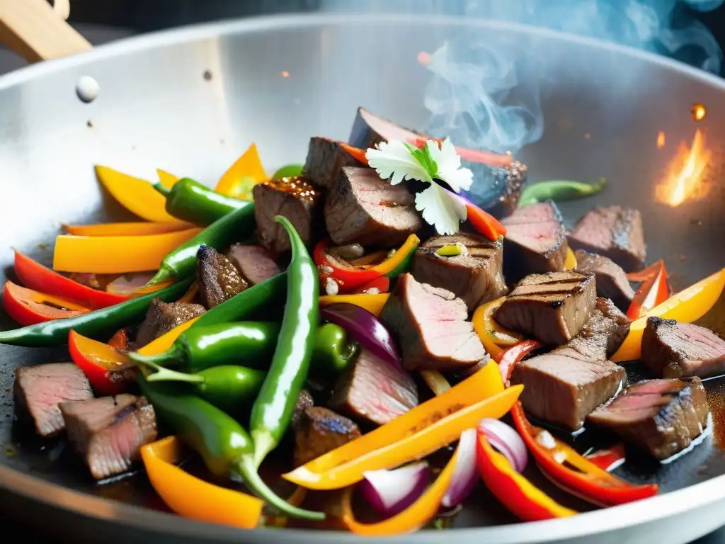 Un chef experto prepara lomo saltado en un wok caliente, capturando el secreto del lomo saltado en una cocina peruana vibrante