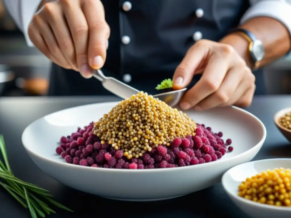 Chef experto mezclando semillas de amaranto en un plato moderno en una cocina profesional