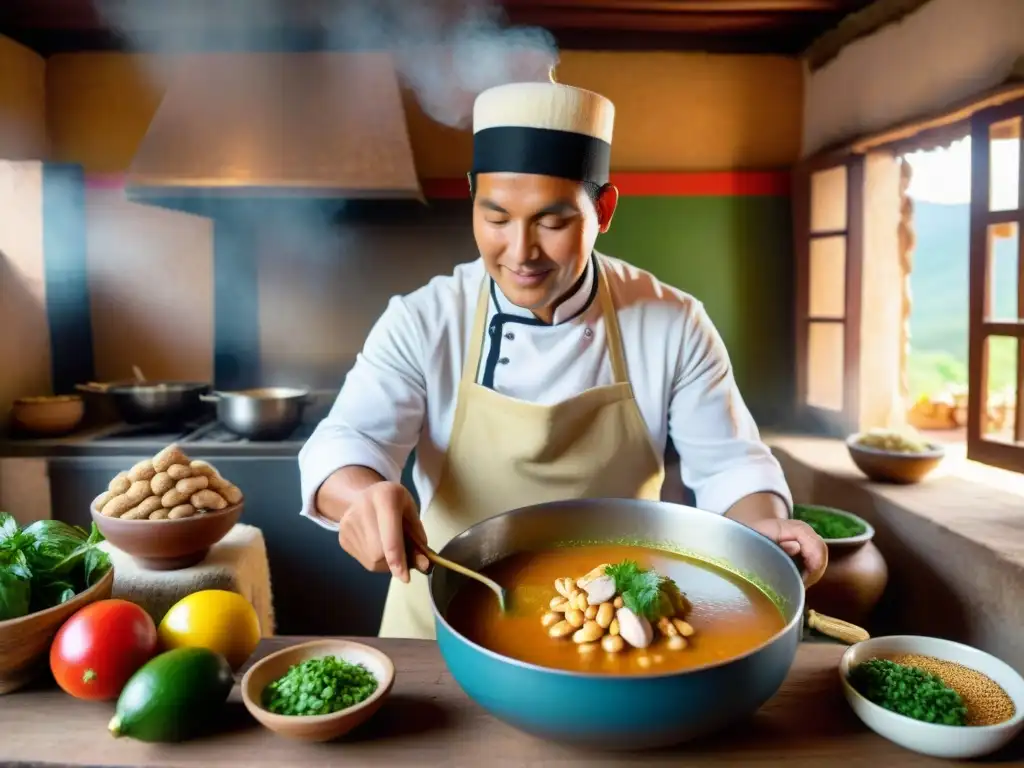 Un chef experto prepara una Sopa de Inchicapi con maní en una cocina peruana tradicional