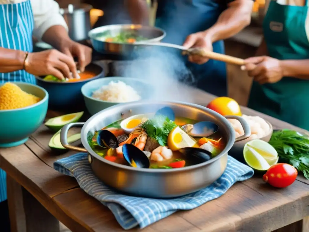 Un chef experto prepara una Sopa Marina Peruana Tradicional en una cocina costeña, con ingredientes frescos y coloridos