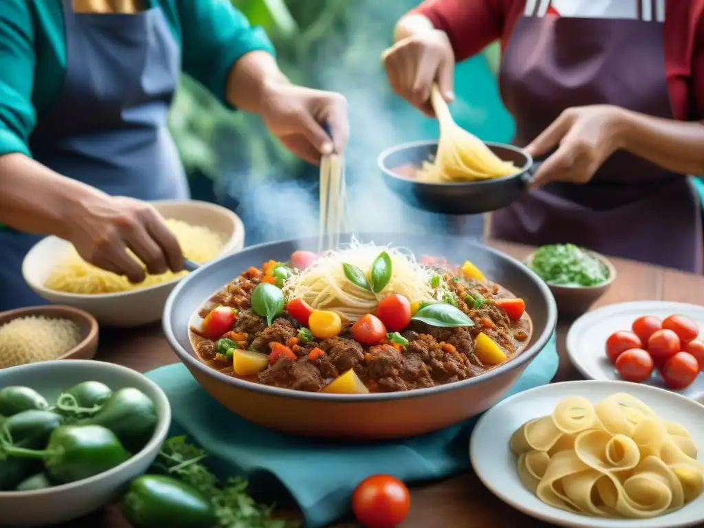 Un chef experto prepara sopa seca plato norteño en una cocina peruana tradicional durante un evento festivo