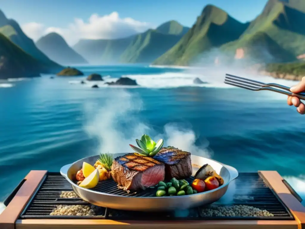 Un chef experto preparando un suculento plato de mar y montaña frente a un paisaje paradisíaco, ideal para talleres de cocina mar y montaña