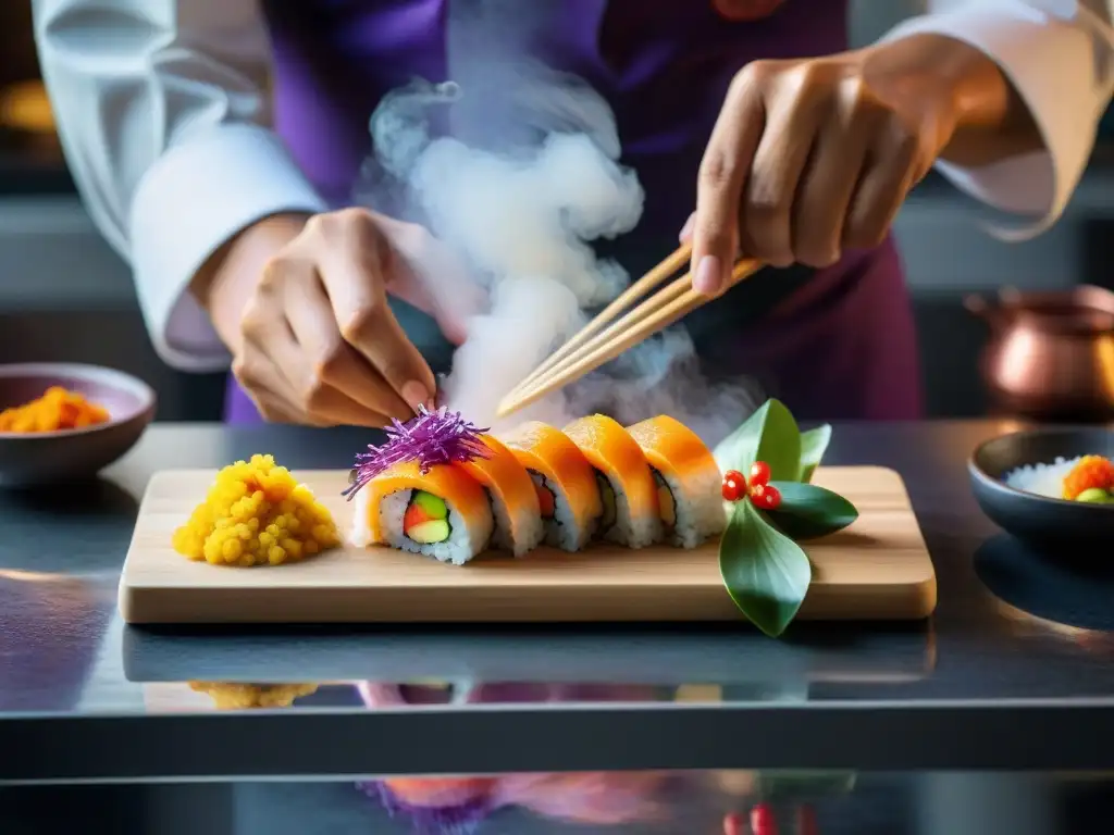 Un chef experto prepara un sushi fusionado con ingredientes peruanos en una cocina tenue