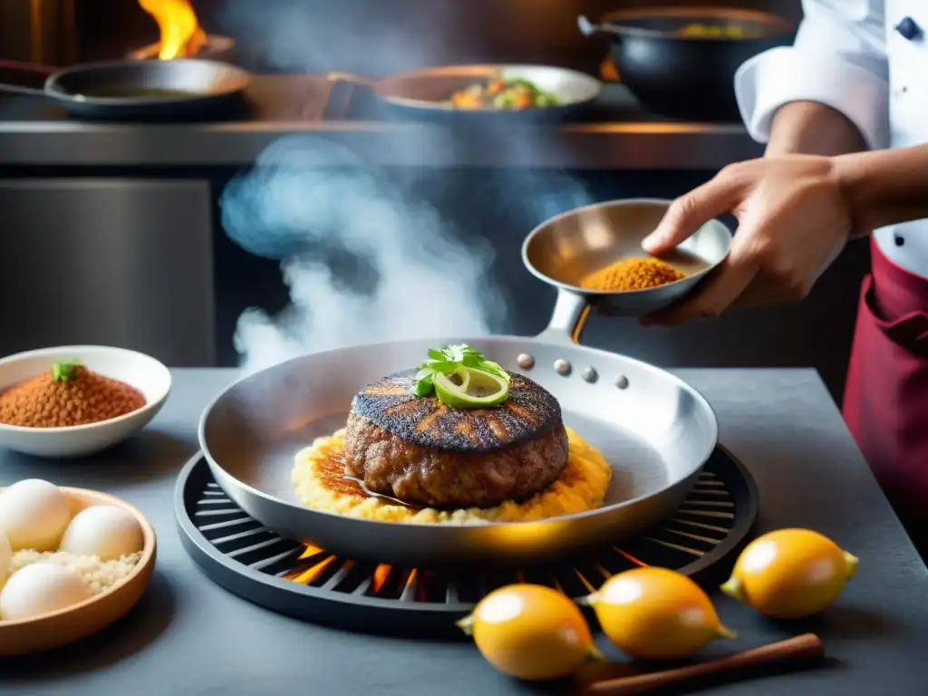 Un chef experto preparando un tacu tacu con arroz y frijoles, mostrando destreza y pasión culinaria