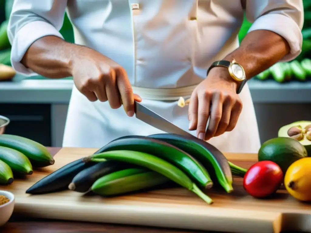 Un chef experto en talleres cocina ingredientes selva amazónica, corta plátanos verdes con destreza en una cocina bulliciosa y colorida