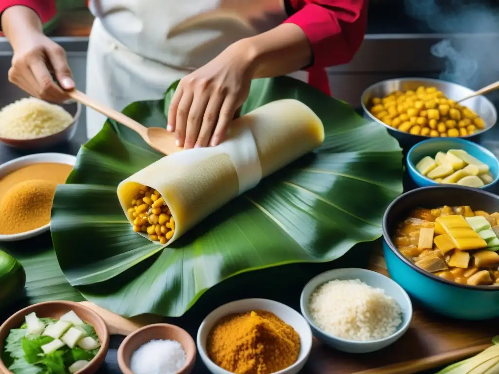 Un chef experto preparando tamales andinos en una cocina tradicional peruana