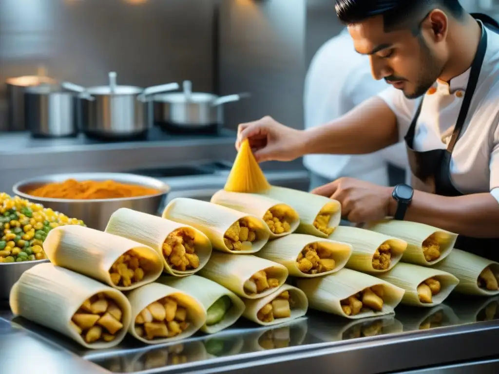 Un chef experto prepara tamales peruanos con ingredientes vibrantes en una cocina moderna