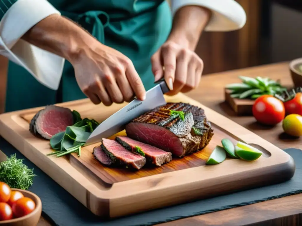 Un chef experto en la técnica para preparar olluco con carne, corta con precisión ingredientes frescos sobre tabla de madera