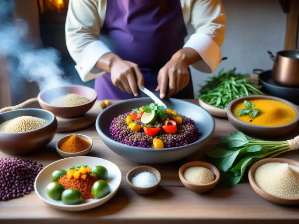 Un chef experto en técnicas de cocina peruana tradicionales preparando un plato clásico rodeado de ingredientes frescos y coloridos en una cocina tradicional peruana