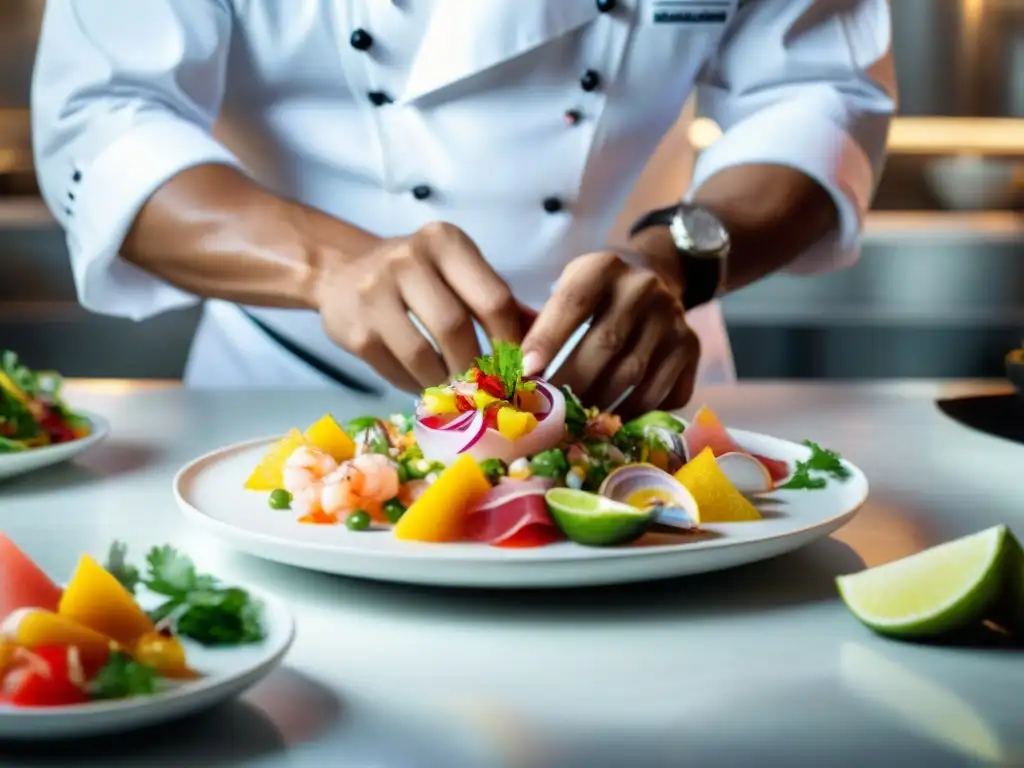 Un chef experto en técnicas de emplatado cocina peruana arregla con delicadeza un ceviche colorido en un plato blanco