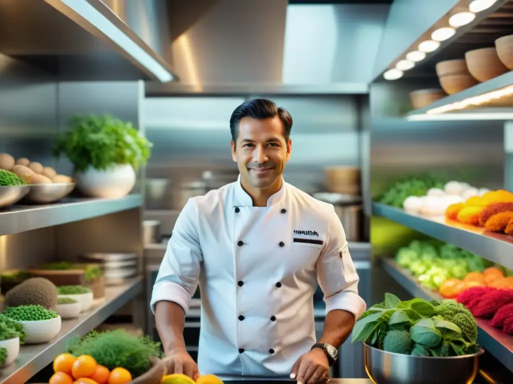 Un chef experto fusionando técnicas francesas con ingredientes peruanos, en una cocina moderna