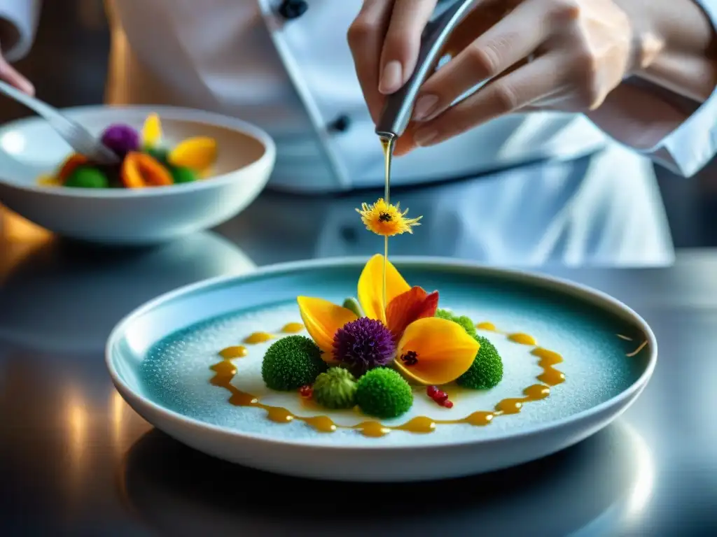 Un chef experto en técnicas de presentación gastronómica impecable arregla flores comestibles con delicadeza en un plato exquisito