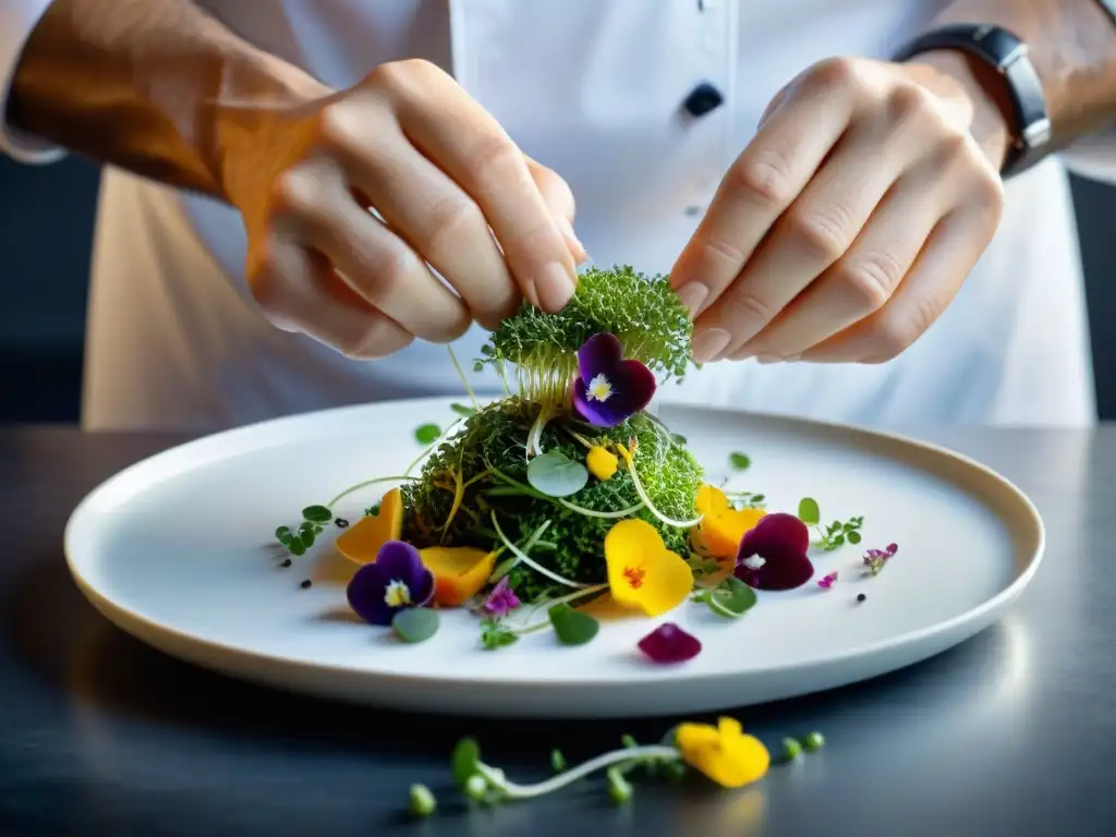 Un chef experto muestra Técnicas de presentación gastronómica impecable al decorar un plato con microgreens y flores comestibles