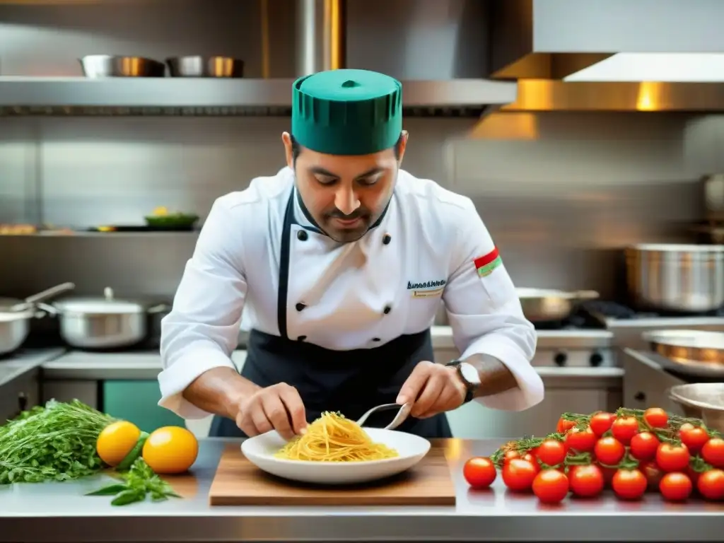 Un chef experto fusiona técnicas italianas y peruanas al preparar Sopa Seca Fusión en una cocina bulliciosa