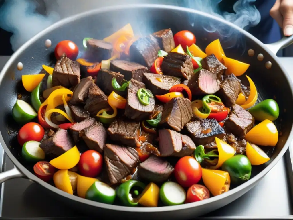 Un chef experto en técnicas lomo saltado maneja con destreza un sartén al fuego alto, creando un espectáculo de sabores y colores