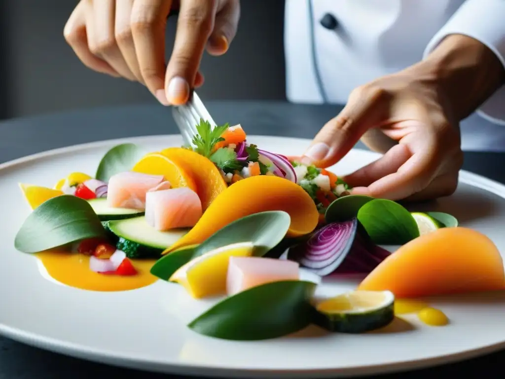 Un chef experto fusiona técnicas modernas en la presentación de un ceviche peruano en un plato blanco