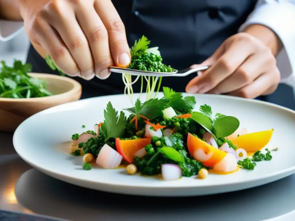 Un chef experto utiliza tecnología para mejorar el sabor del ceviche al esparcir cilantro fresco sobre el plato