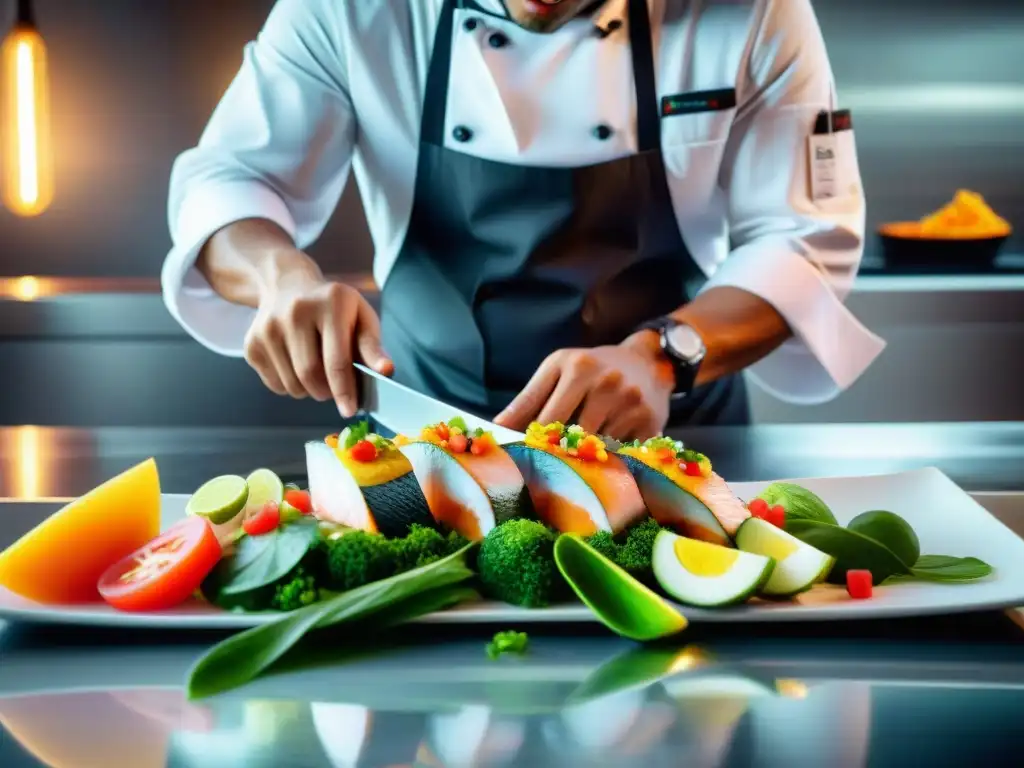 Chef experto preparando tiradito en cocina moderna y elegante