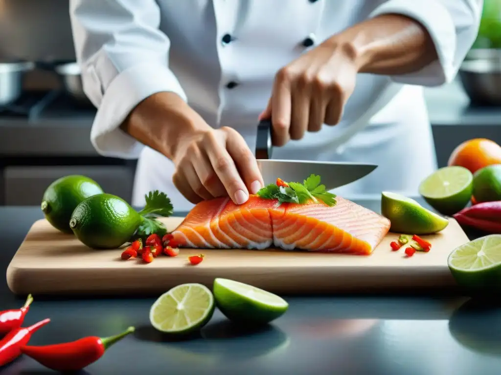 Chef experto preparando tiradito en cocina moderna con ingredientes frescos