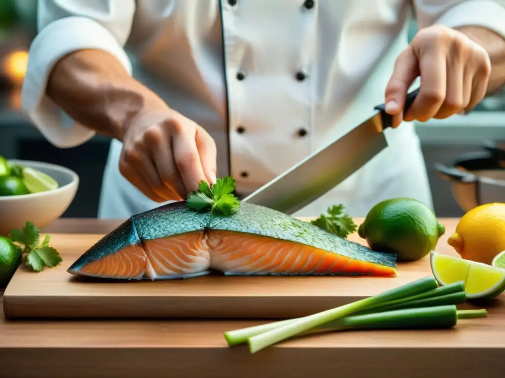 Un chef experto cortando tiradito fresco con precisión en un elegante mostrador de acero