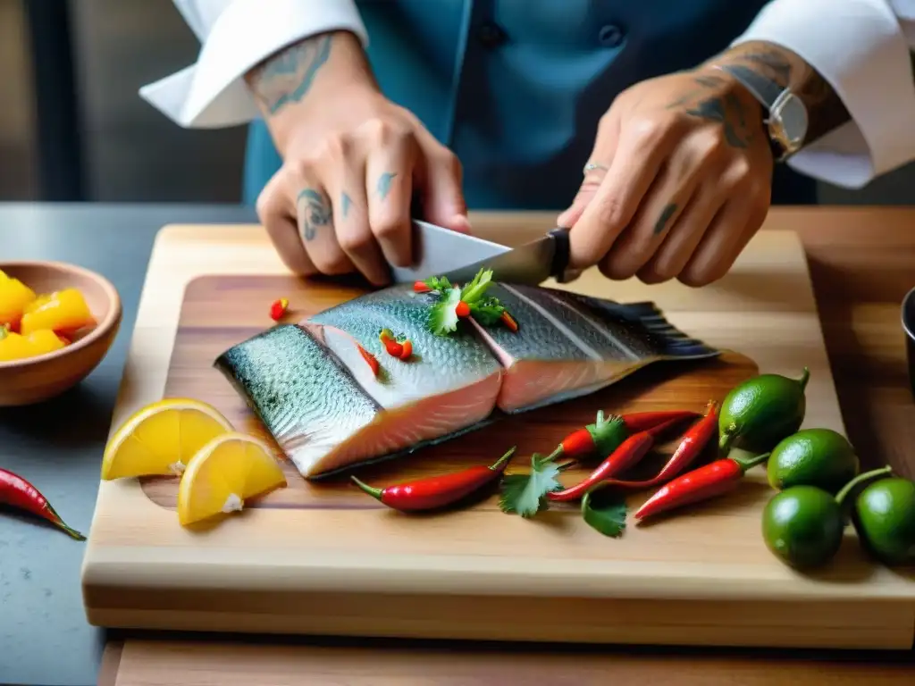 Un chef experto prepara un Tiradito peruano receta fácil con destreza, cortando lomos de pescado fresco sobre tabla de madera