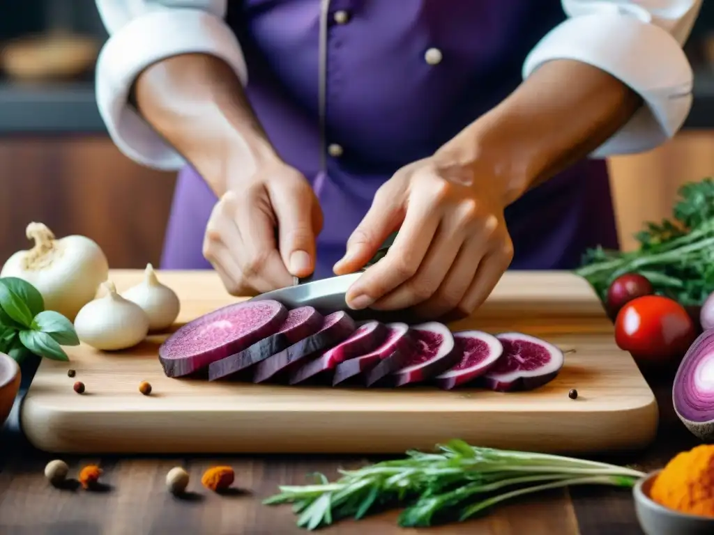 Un chef experto cortando tubérculos de sango sobre tabla de madera, resaltando la belleza de este ingrediente en la cocina peruana