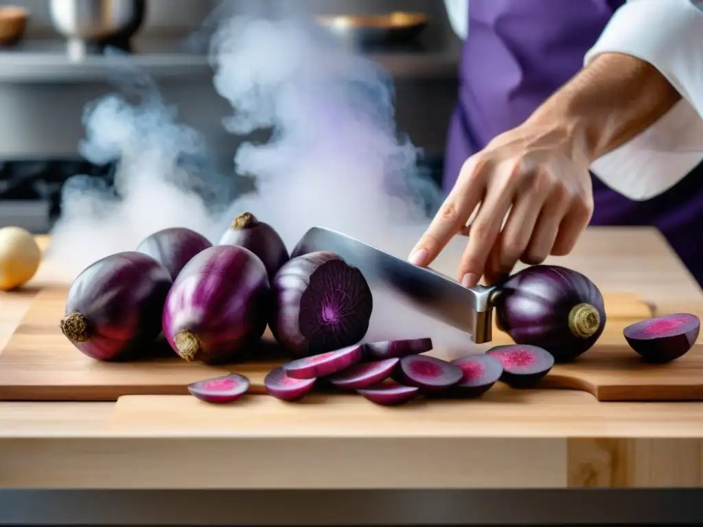 Un chef experto cortando tubérculos sango morados en una cocina moderna, fusionando tradición e innovación con beneficios del sango en cocina