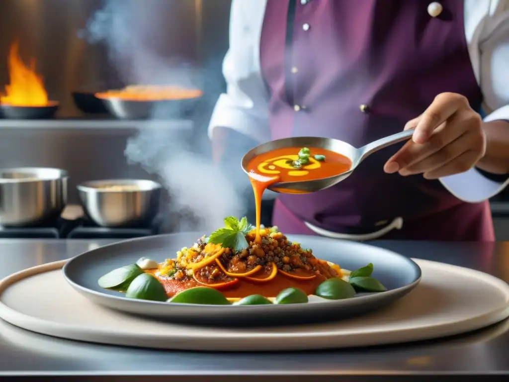 Sabores Peruanos: Chef experto creando una salsa vibrante Un chef experto añade una vibrante salsa peruana innovadora a un platillo tradicional, fusionando sabores con maestría