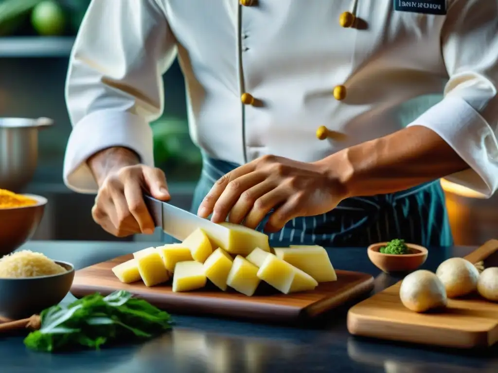 Un chef experto cortando yuca fresca en una cocina moderna, resaltando la fusión de tradición e innovación con 'Yuca en la cocina moderna'