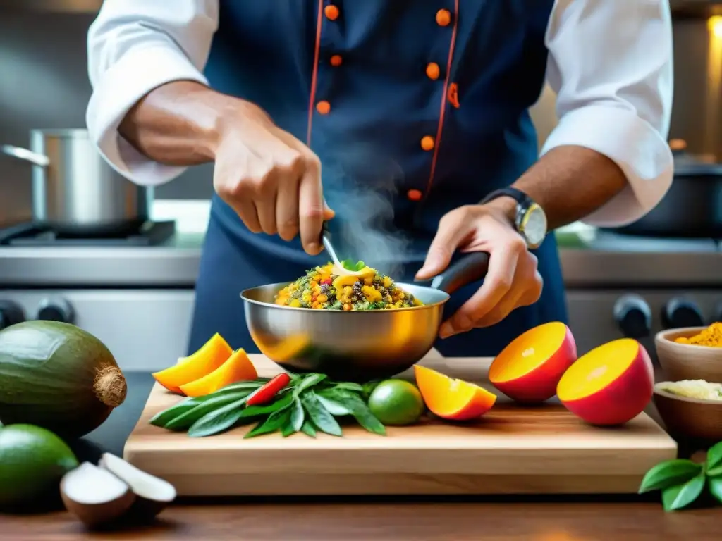 Un chef preparando una exquisita receta con cocona amazónica en una cocina profesional